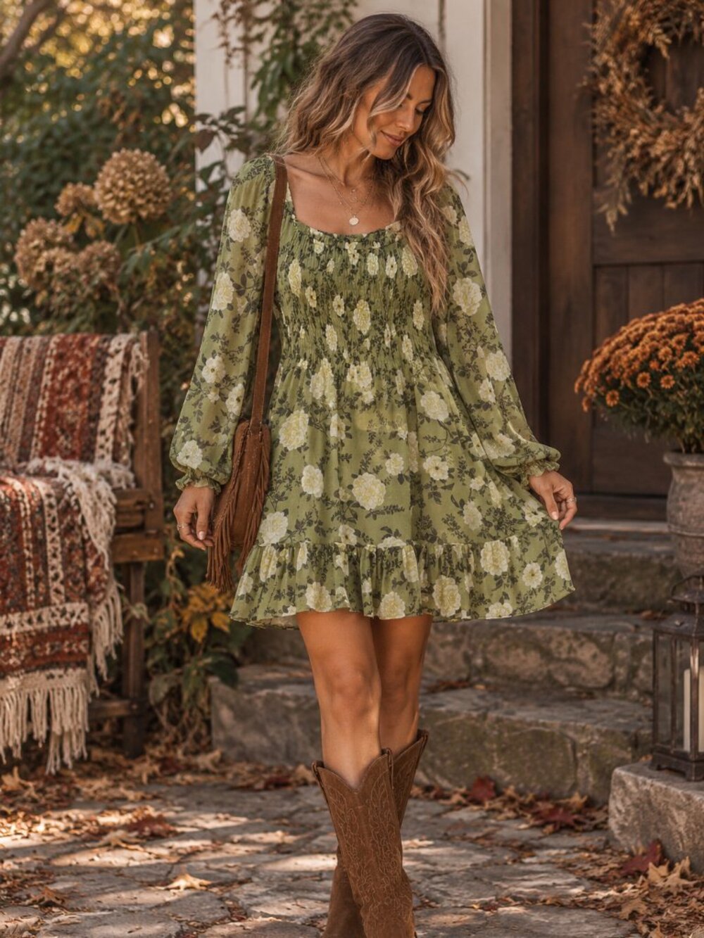 Olive Green Floral Smocked Boho Mini Dress